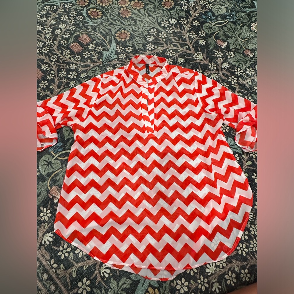 Voll Top Tunic Blouse  3/4 Sleeve Black White Coral Chevro XL